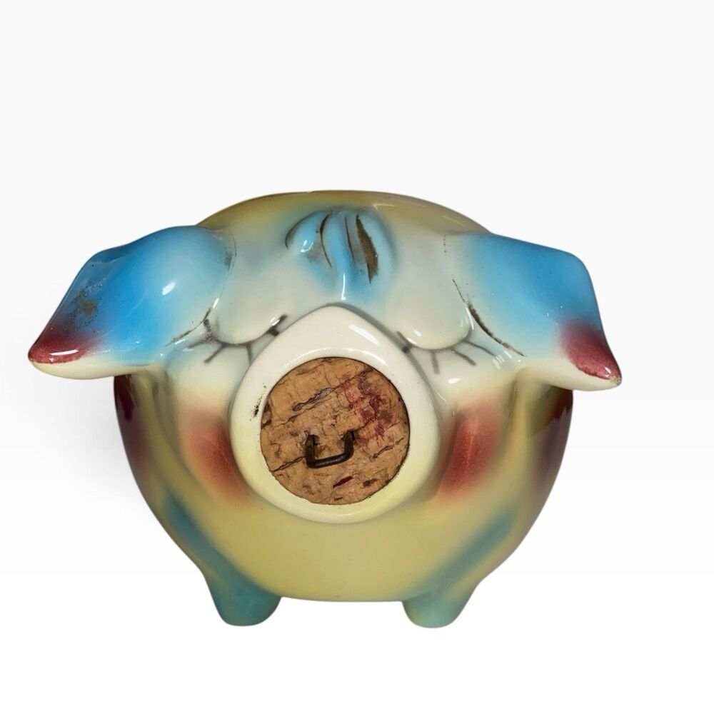 1957 Hull Pottery Corky Pig Piggy Bank Yellow, Blue, and Brown with Cork